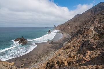 View of the beautiful and famous Benijo Beach (Playa de Benijo) and the Anaga Rocks at Santa Cruz de Tenerife -  Santa Cruz de Tenerife, Canary Islands, Spain