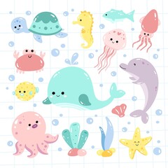 Fototapeta premium Kawaii sea animal doodles set vector illustration 