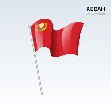 Waving flag of Kedah state and federal territory of Malaysia isolated on gray background