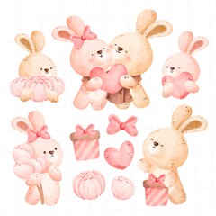 Obraz premium Watercolor cute couple bunny rabbit set with love and valentine elements 