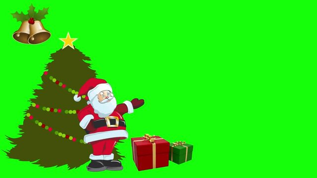 Animated Marry Christmas theme with images of Santa Clause, christmas tree, gifts and bells and copy space area with green screen