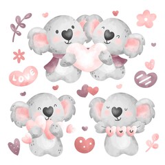 Watercolor cute koala with love elements set  © Stella