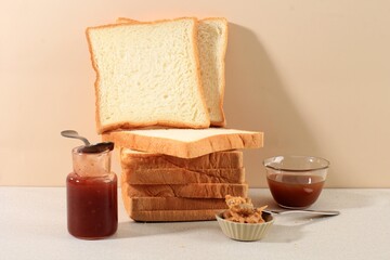 Sliced Bread Bake and Butter with Jam for Simple Breakfast. Copy Space for Text