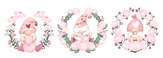 Watercolor cute valentine gnome with flower wreath set 