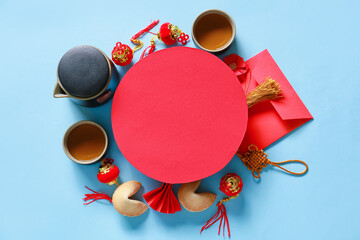 Empty card with Chinese symbols on color background. New Year celebration