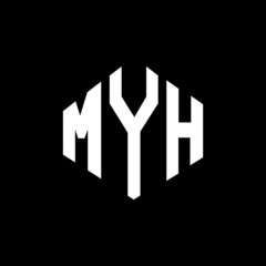 MYH letter logo design with polygon shape. MYH polygon and cube shape logo design. MYH hexagon vector logo template white and black colors. MYH monogram, business and real estate logo.