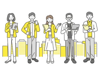 オフィスカジュアルで働く会社員とビルののベクターイラスト素材／ビジネス／ビジネスパーソン／人々
