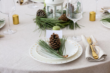 Beautiful table setting with pine cones, blank card and fir branches