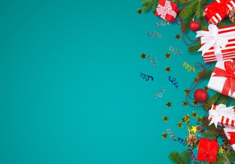 Merry Christmas and Happy New Year greeting card design with gift boxes decorated, tree branches with balls.