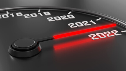 Happy New Year background for 2022 with speedometer. 3D illustration
