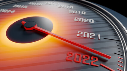 Happy New Year background for 2022 with speedometer. 3D illustration