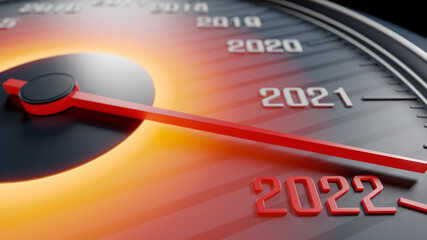 Fototapeta premium Happy New Year background for 2022 with speedometer. 3D illustration