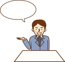 案内をするメガネをかけた笑顔の男性。..