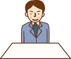 笑顔で座るスーツ姿の男性。