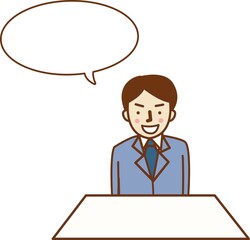 話をするスーツ姿の笑顔の男性。