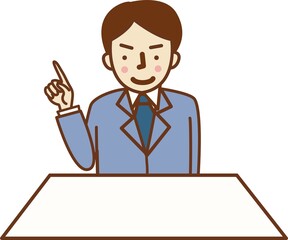 指を差すスーツ姿の男性。