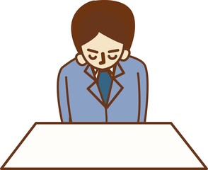  座って頭を下げるスーツを着た男性。