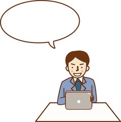 座ってタブレットを持ち、話をするスーツ姿の男性。