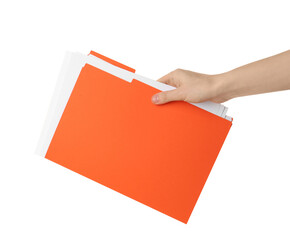 Woman holding orange file with documents on white background, closeup