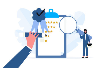 Quality control and product satisfaction research check tiny person concept. Best standard check and deal evaluation