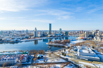 Yekaterinburg aerial panoramic view at Winter in sunny day. Ekaterinburg is the fourth largest city in Russia located in the Eurasian continent on the border of Europe and Asia.