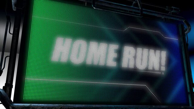 3D animated motion graphics design of a hi tech screen flashing a lightboard style sports title card, in classic blue and green color scheme, with animated chevrons and the bold Home Run caption