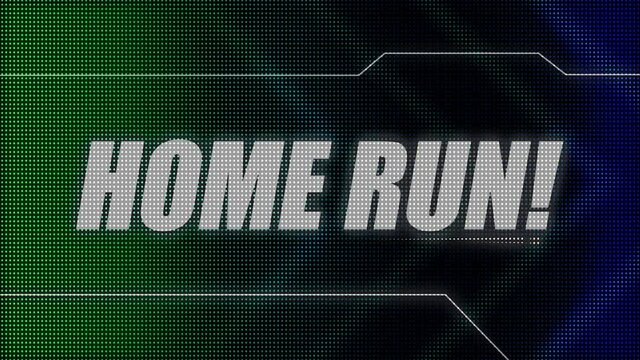 2D animated motion graphics design of a flashing lightboard style sports title card, in classic blue and green color scheme, with animated chevrons and the bold Home Run caption