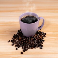 Hot brewed coffee in the same old cup, giving you an old feel surrounded by freshly roasted coffee beans.