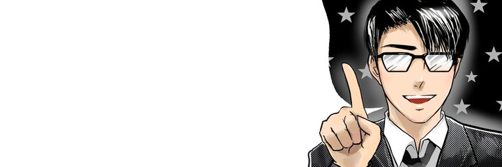 スーツ姿のイケメンメガネ先生指をさして優しく指導するカラー漫画イラストと吹き出し