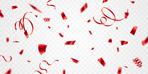 Template for celebration background with confetti and red ribbon.