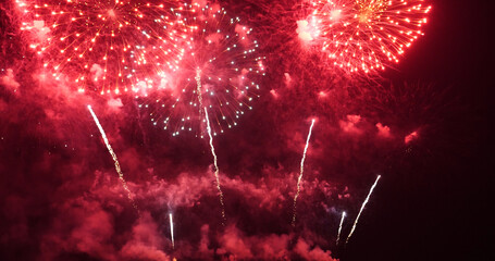 Red Firework celebrate anniversary happy new year 2022, 4th of july holiday festival. red firework...