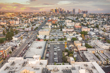 Koreatown Aerial View with Downtown LA Showing Olympic Blvd Sunset Time
