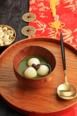 Green Tea Tang Yuan (Tangyuan), Sweet Mochi Rice Dumpling Food for Winter Solstice (Dongzhi Festival)