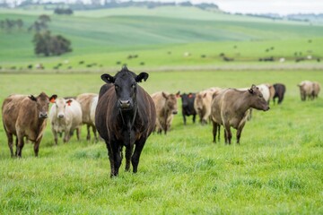 herd of Stud beef cows and bulls grazing on green grass in Australia, breeds include speckled park,...