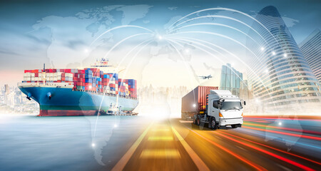 Global business logistics import export and container cargo freight ship, cargo plane, container...