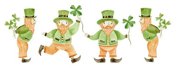 Obraz premium Collection of watercolor isolated elements for St. Patrick's Day. Hand-drawn leprechauns and festive paraphernalia. Set of elements for cards, banners, scrapbooking. Isolated clipart element .
