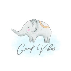 Cute Baby Elephant vector illustration for kids poster, nursery wall decor, birthday invitation in watercolor art style and happy vibes.