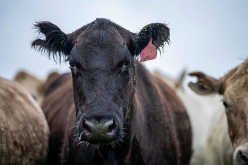 Close up of cows in the field, Angus and Murray Grey beef Cattle eating long pasture in spring and...