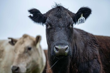 Close up of cows in the field, Angus and Murray Grey beef Cattle eating long pasture in spring and...