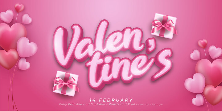 Realistic romantic calligraphic valentine's day soft pink text realistic giftbox with hearts balloons