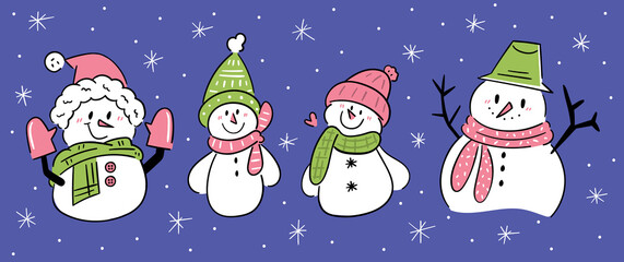 Snowman. Christmas snowmen in different costume. Snowmen flat vector illustrations set.Winter outdoor activity for kids isolated cliparts