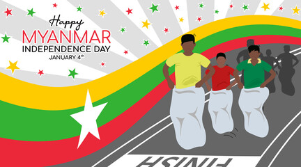 Celebration of Myanmar independence day background with children are doing a race