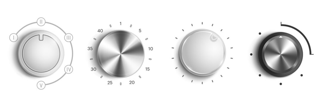 Volume control knobs, round switches with sound level dial. Vector realistic set of 3d audio tuners, metal and white circle regulators of loud or power isolated on background