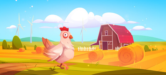 Barn on farm nature rural background with chicken, hay stacks on field and eco wind mills under cloudy sky. Countryside farmland tranquil summer time or fall landscape. Cartoon vector illustration