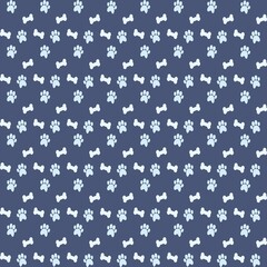 Wallpaper of bones and paws, white and blue colors, dark blue background, eps.