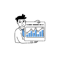 Business character show presentation. Analytics and marketing. Development of strategy. Chart on slide. Happy investor character. Man hold graph