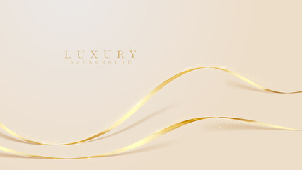 Elegant cream shade background with golden curve line elements. Glitter light effects.