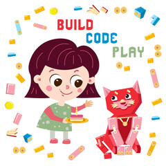 Cute girl with cake. Robot cat is sitting. Robotics for kids, cartoon character. Vector illustration.