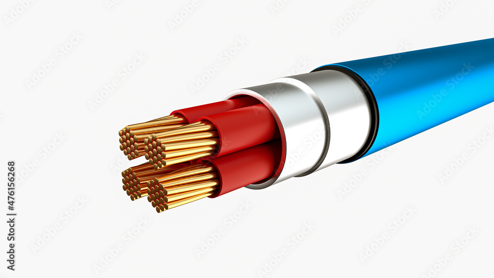 Poster Electrical spark cable, copper wires with circuit sparks isolated on White background