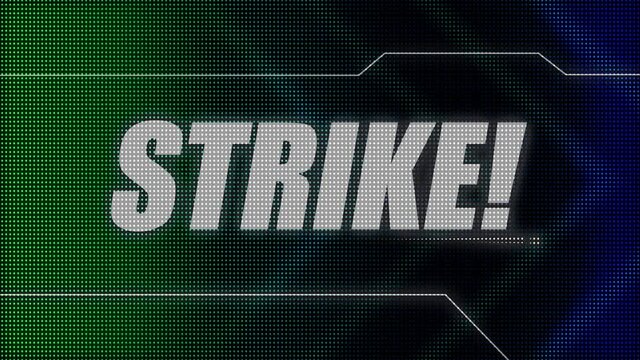 2D animated motion graphics design of a flashing lightboard style sports title card, in classic blue and green color scheme, with animated chevrons and the bold Strike caption